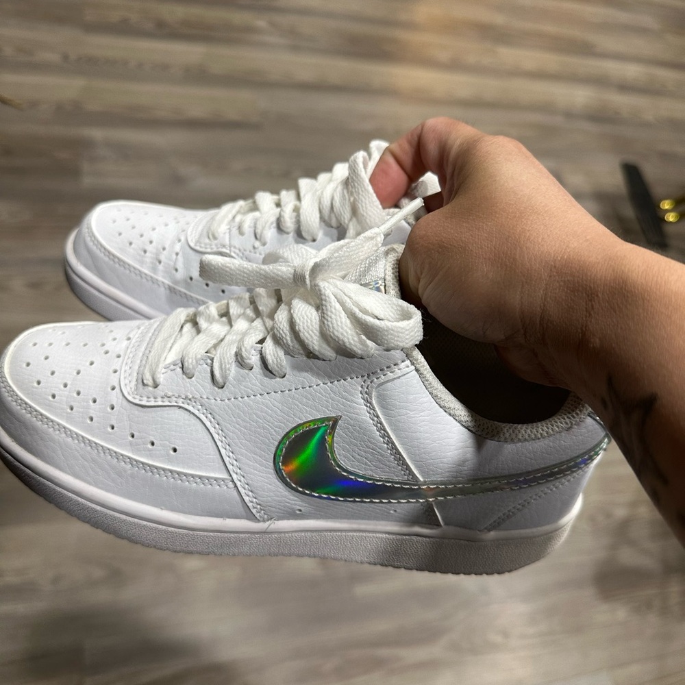 White Sneakers with Iridescent Swoosh